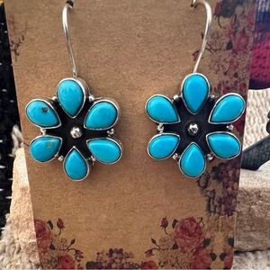 ❤️ Kingman Turquoise Cluster Flower 925 Navajo Dangle Earrings 1.37”L & 15.4gm